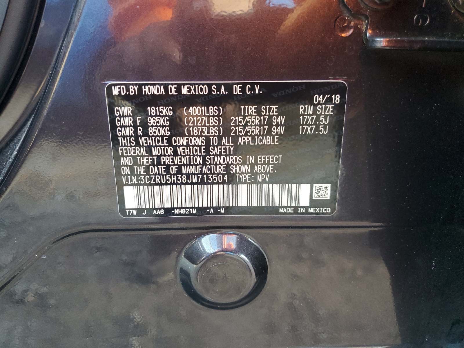 3CZRU5H38JM713504 2018 Honda Hr-V Lx