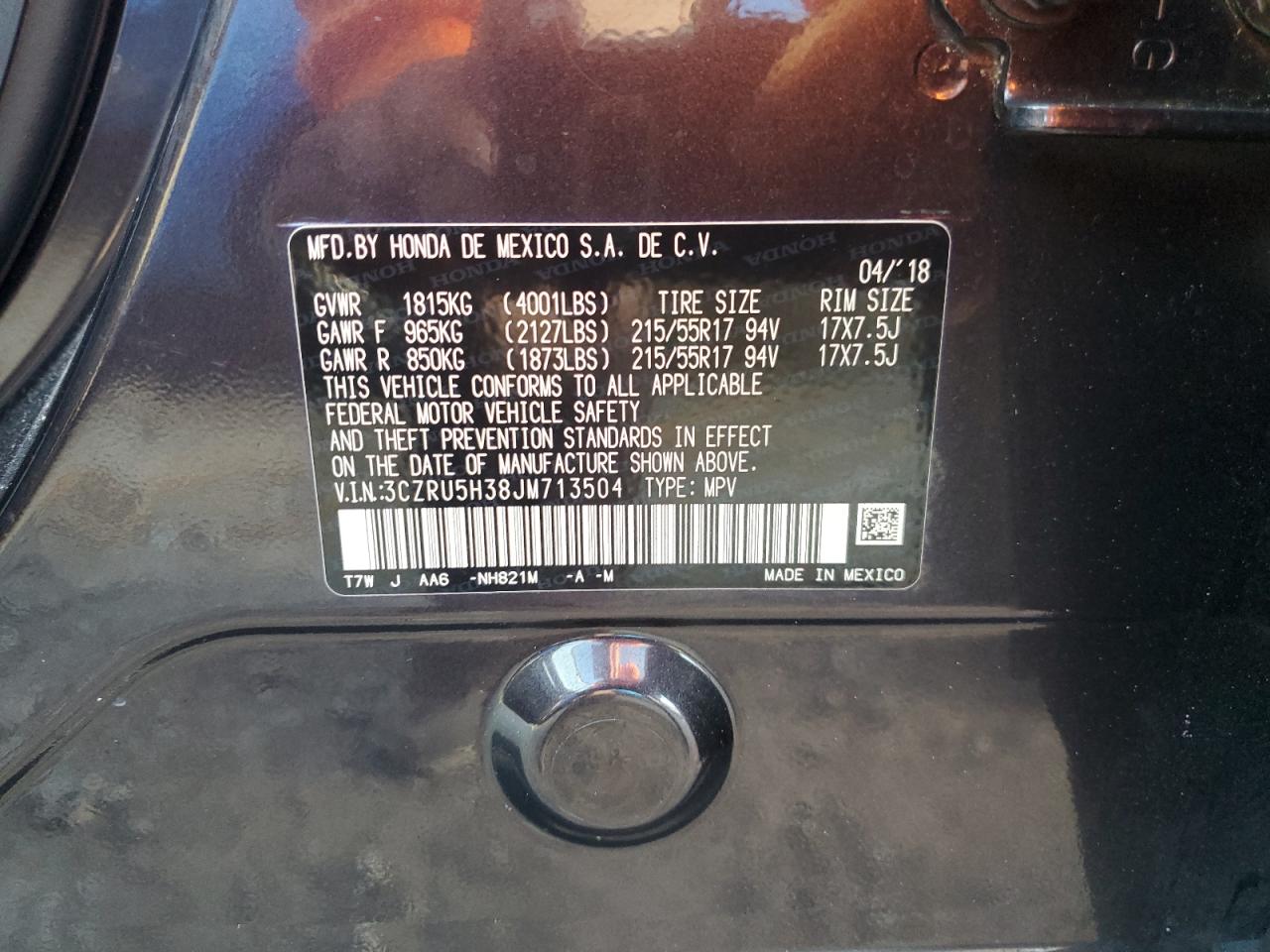 2018 Honda Hr-V Lx VIN: 3CZRU5H38JM713504 Lot: 64245554