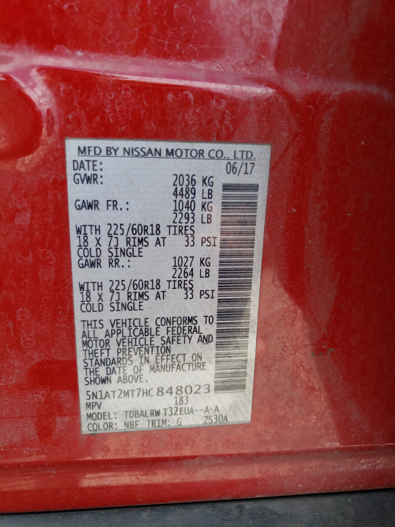 5N1AT2MT7HC848023 2017 Nissan Rogue S