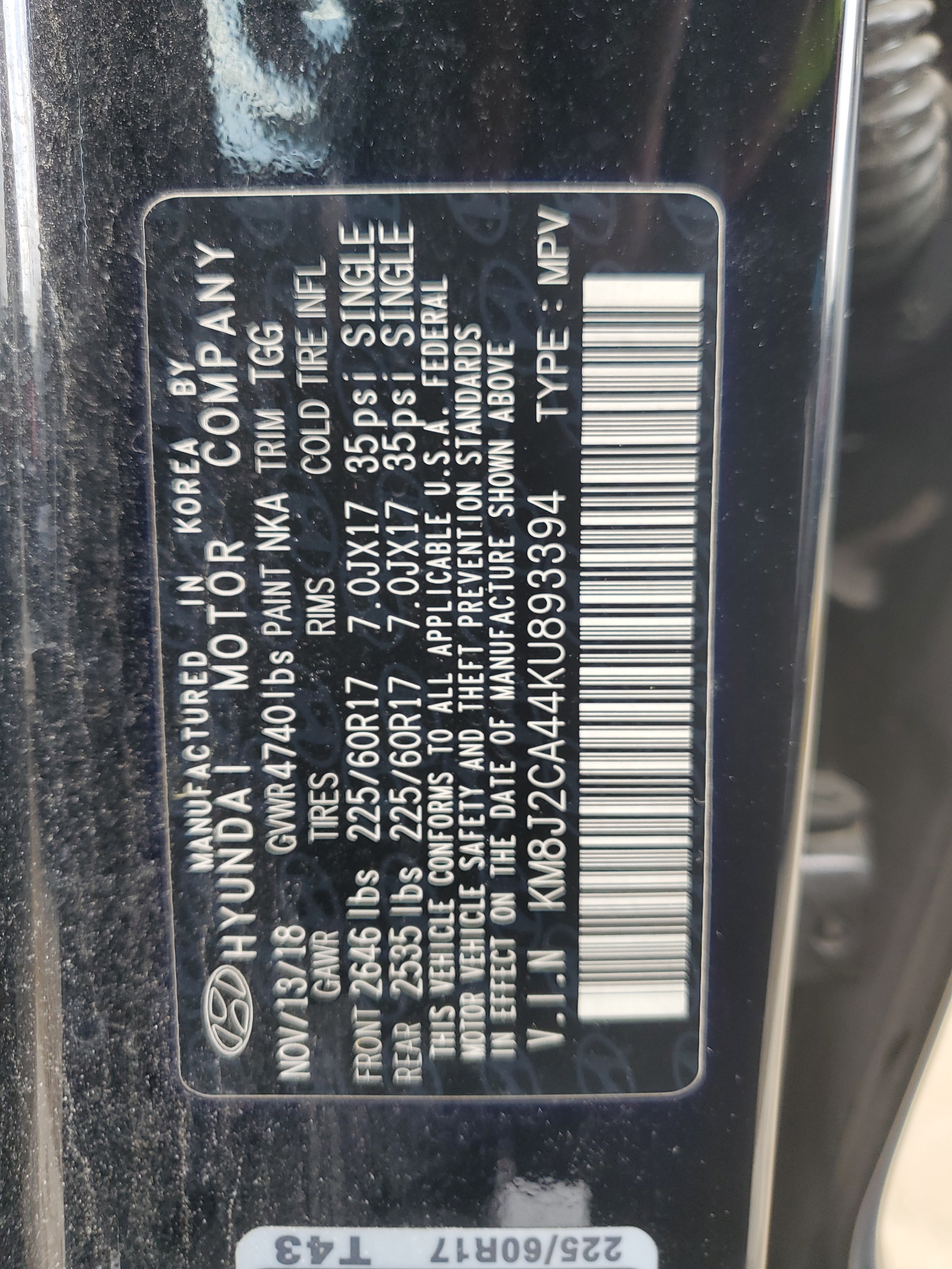 KM8J2CA44KU893394 2019 Hyundai Tucson Se