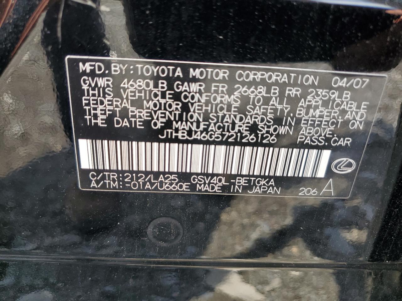 2007 Lexus Es 350 VIN: JTHBJ46G572126126 Lot: 63289794