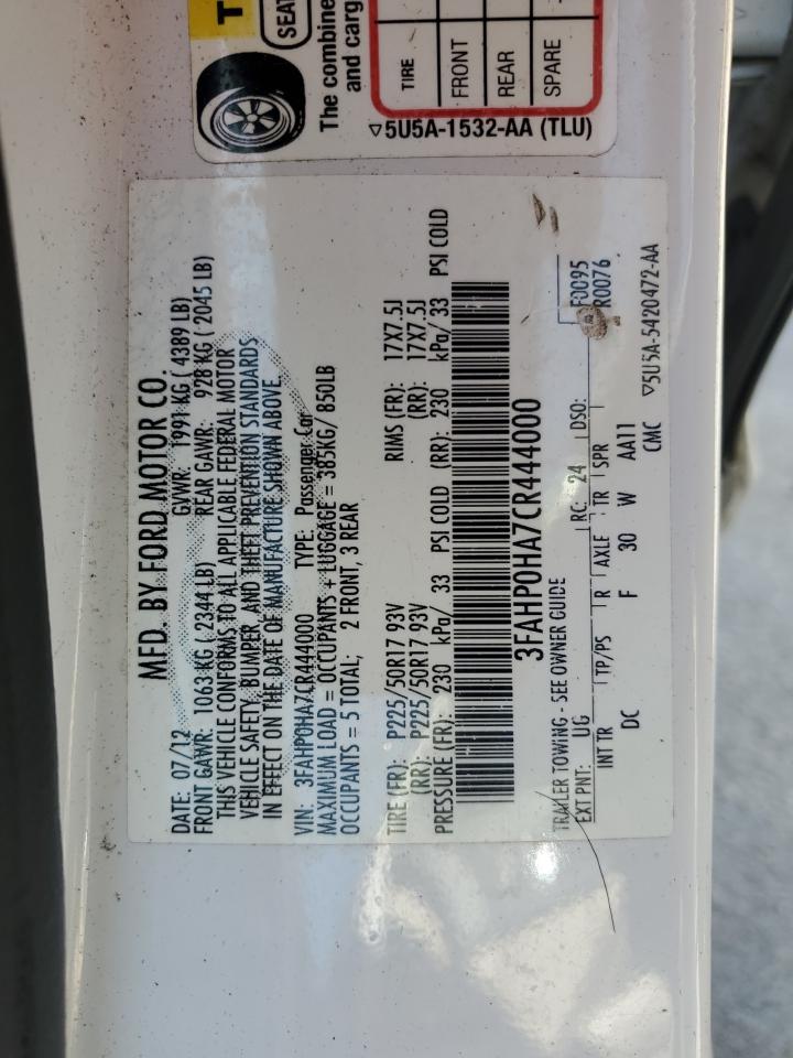 2012 Ford Fusion Se VIN: 3FAHP0HA7CR444000 Lot: 64144084