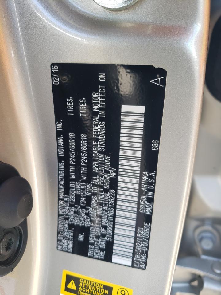 2016 Toyota Highlander Xle VIN: 5TDKKRFH1GS136228 Lot: 63485914