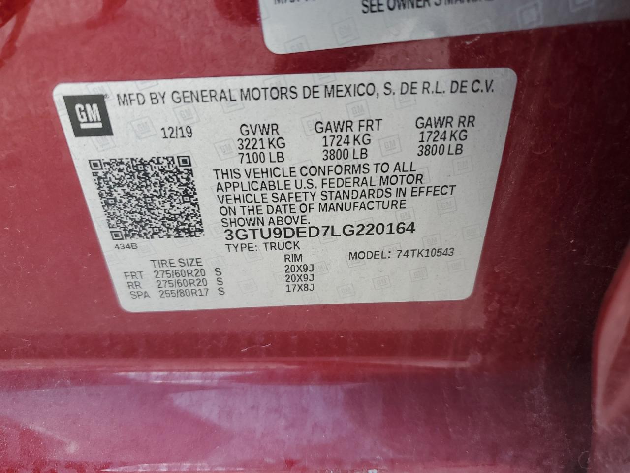 2020 GMC Sierra K1500 Slt VIN: 3GTU9DED7LG220164 Lot: 60465684