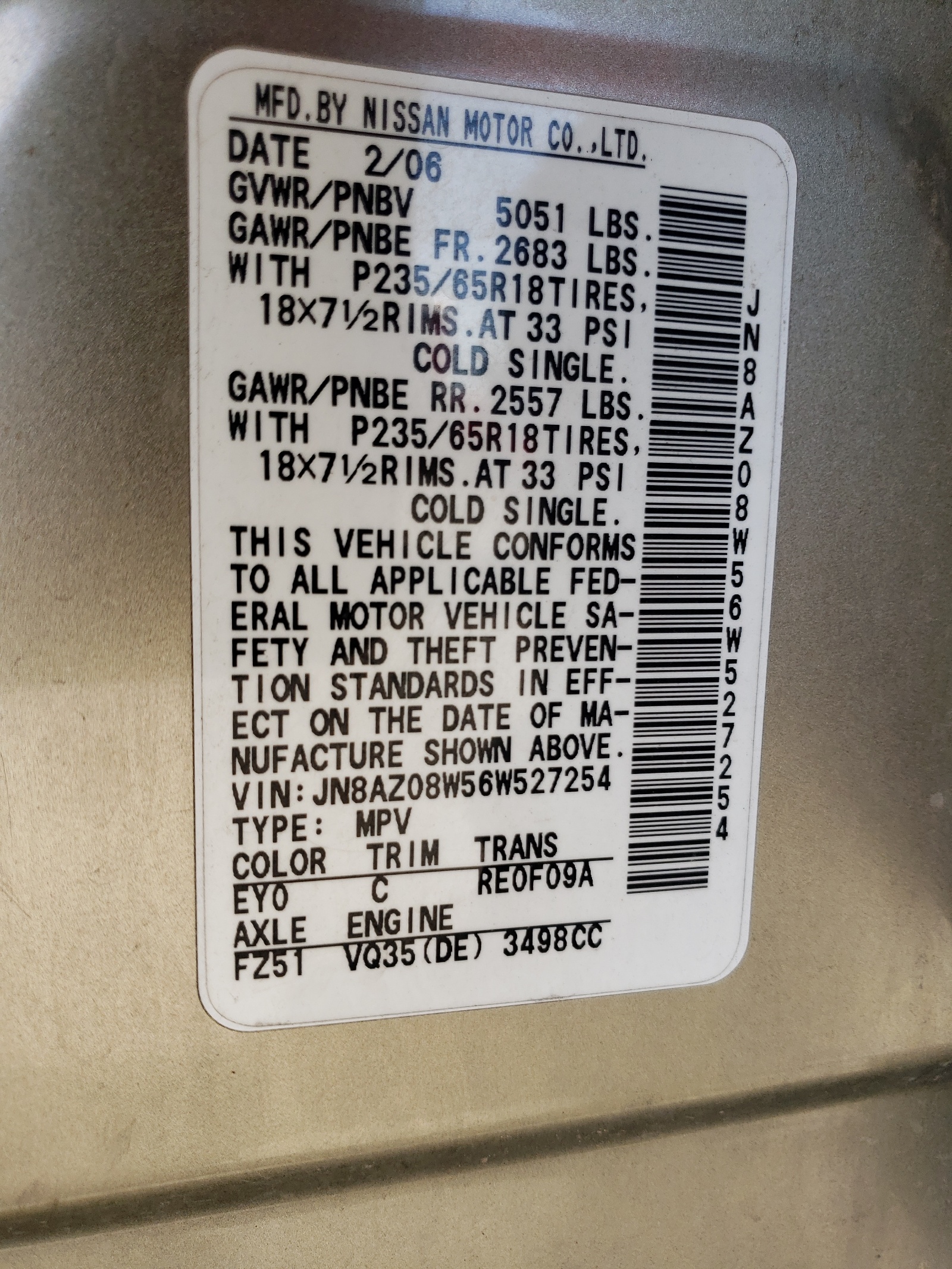 JN8AZ08W56W527254 2006 Nissan Murano Sl