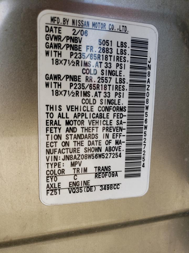 2006 Nissan Murano Sl VIN: JN8AZ08W56W527254 Lot: 63982324