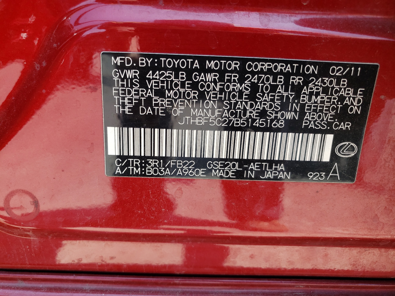 JTHBF5C27B5145168 2011 Lexus Is 250