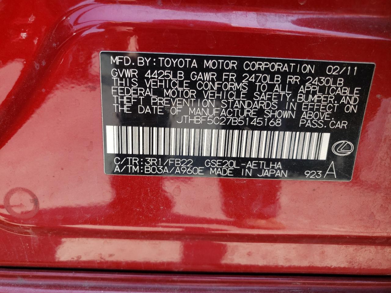 2011 Lexus Is 250 VIN: JTHBF5C27B5145168 Lot: 62077824