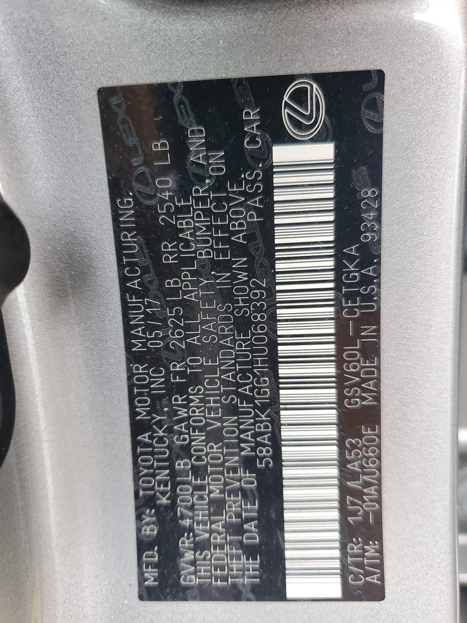 58ABK1GG1HU068392 2017 Lexus Es 350