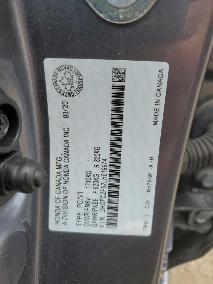 2020 Honda Civic Lx VIN: 2HGFC2F52LH019974 Lot: 62175044