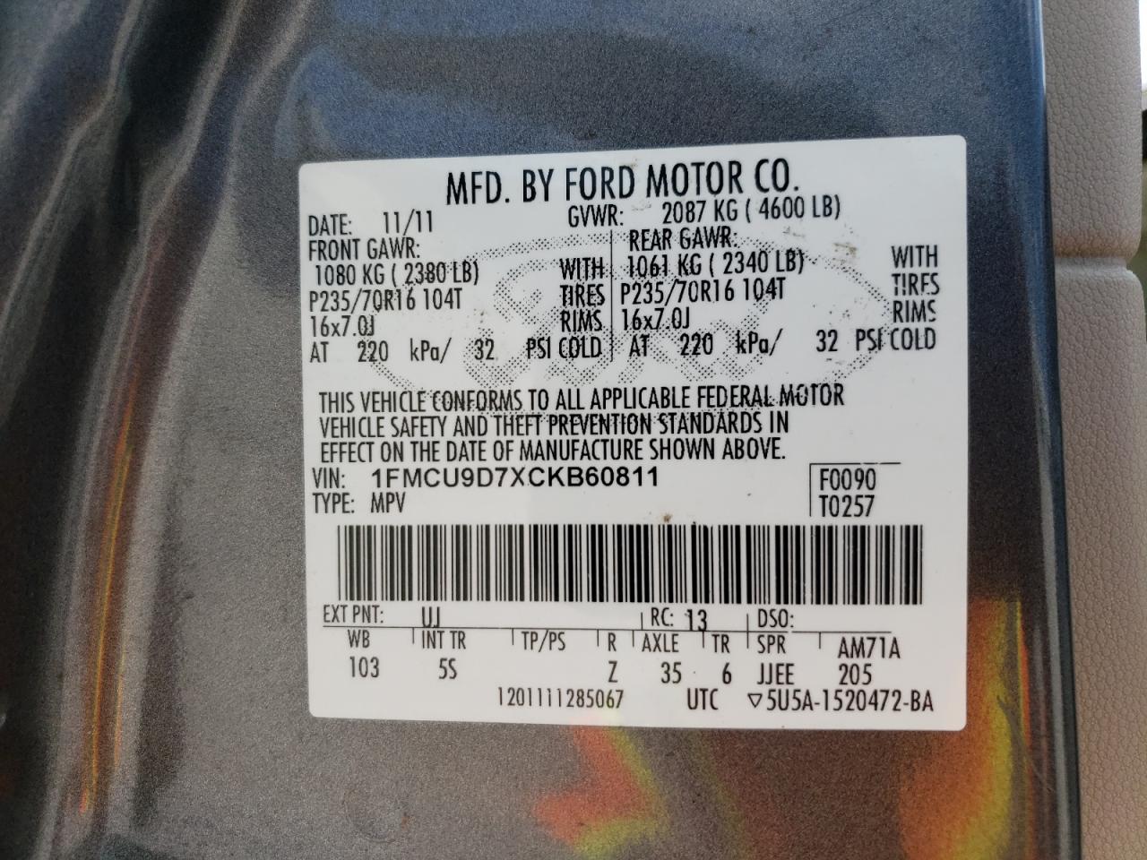 2012 Ford Escape Xlt VIN: 1FMCU9D7XCKB60811 Lot: 62922564