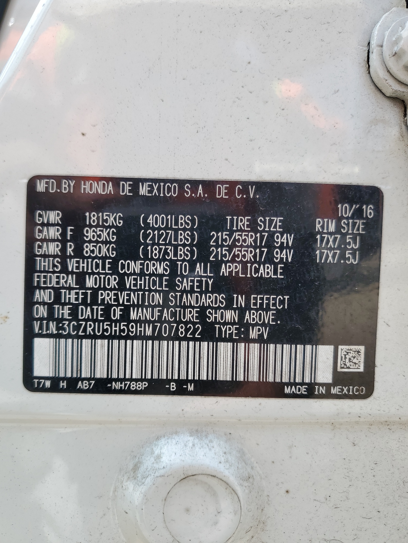 3CZRU5H59HM707822 2017 Honda Hr-V Ex