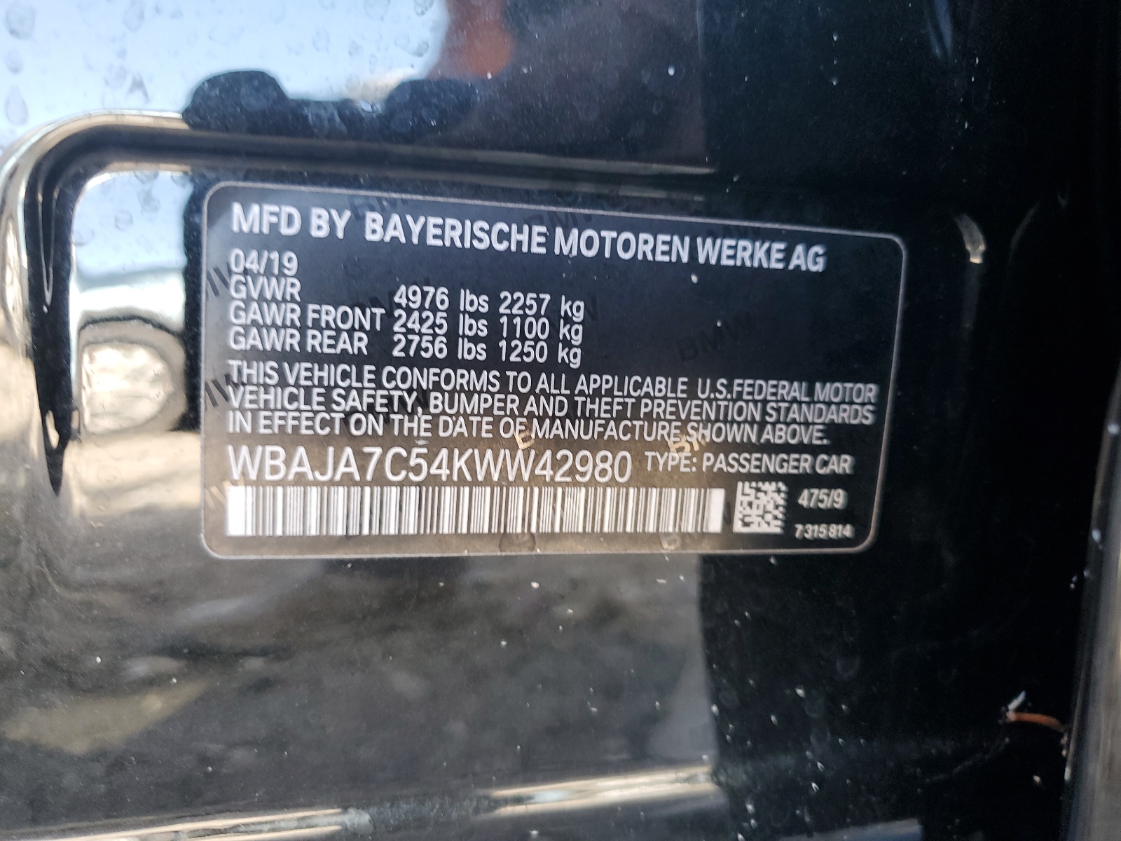 WBAJA7C54KWW42980 2019 BMW 530 Xi