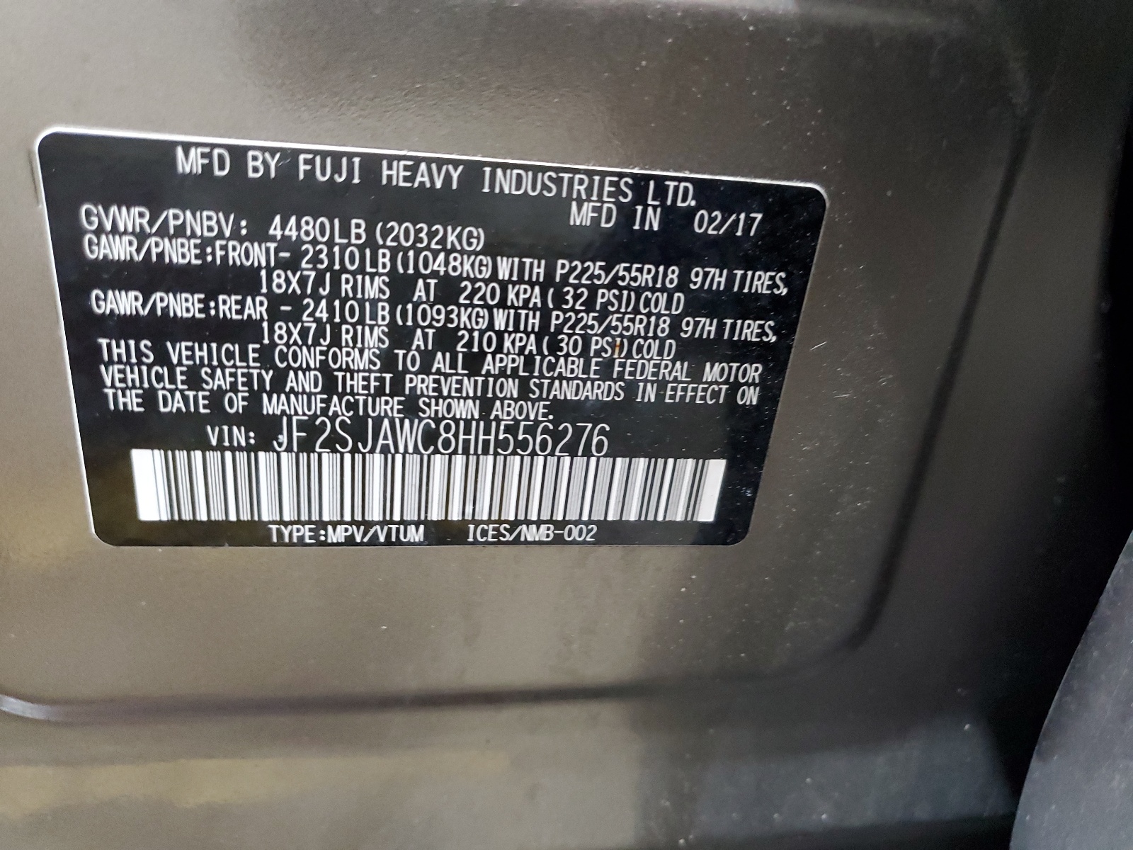 JF2SJAWC8HH556276 2017 Subaru Forester 2.5I Touring