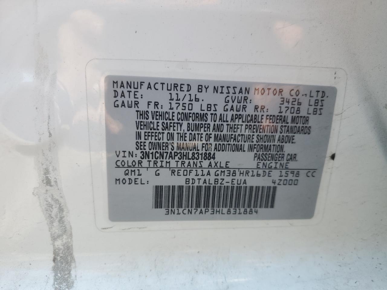 3N1CN7AP3HL831884 2017 Nissan Versa S