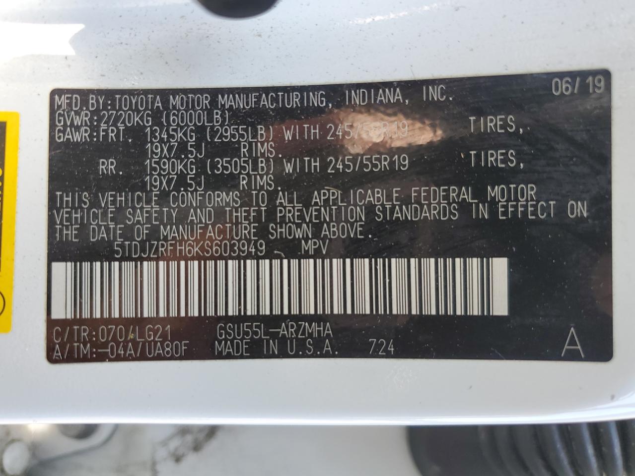 2019 Toyota Highlander Se VIN: 5TDJZRFH6KS603949 Lot: 64077354