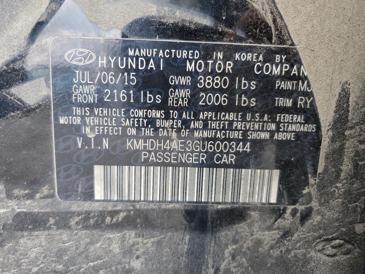 2016 Hyundai Elantra Se VIN: KMHDH4AE3GU600344 Lot: 63612954