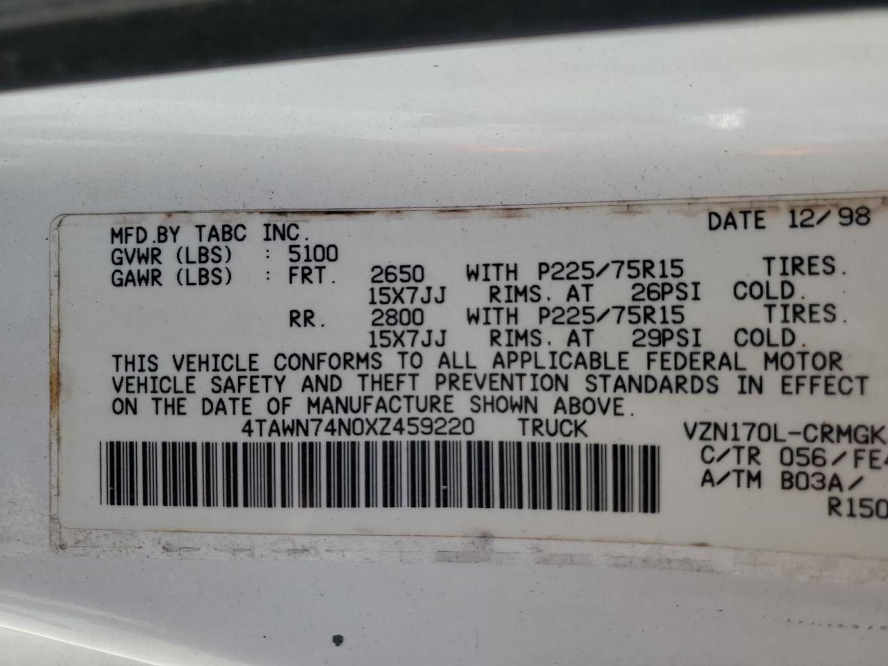 1999 Toyota Tacoma Xtracab Limited VIN: 4TAWN74N0XZ459220 Lot: 62983074