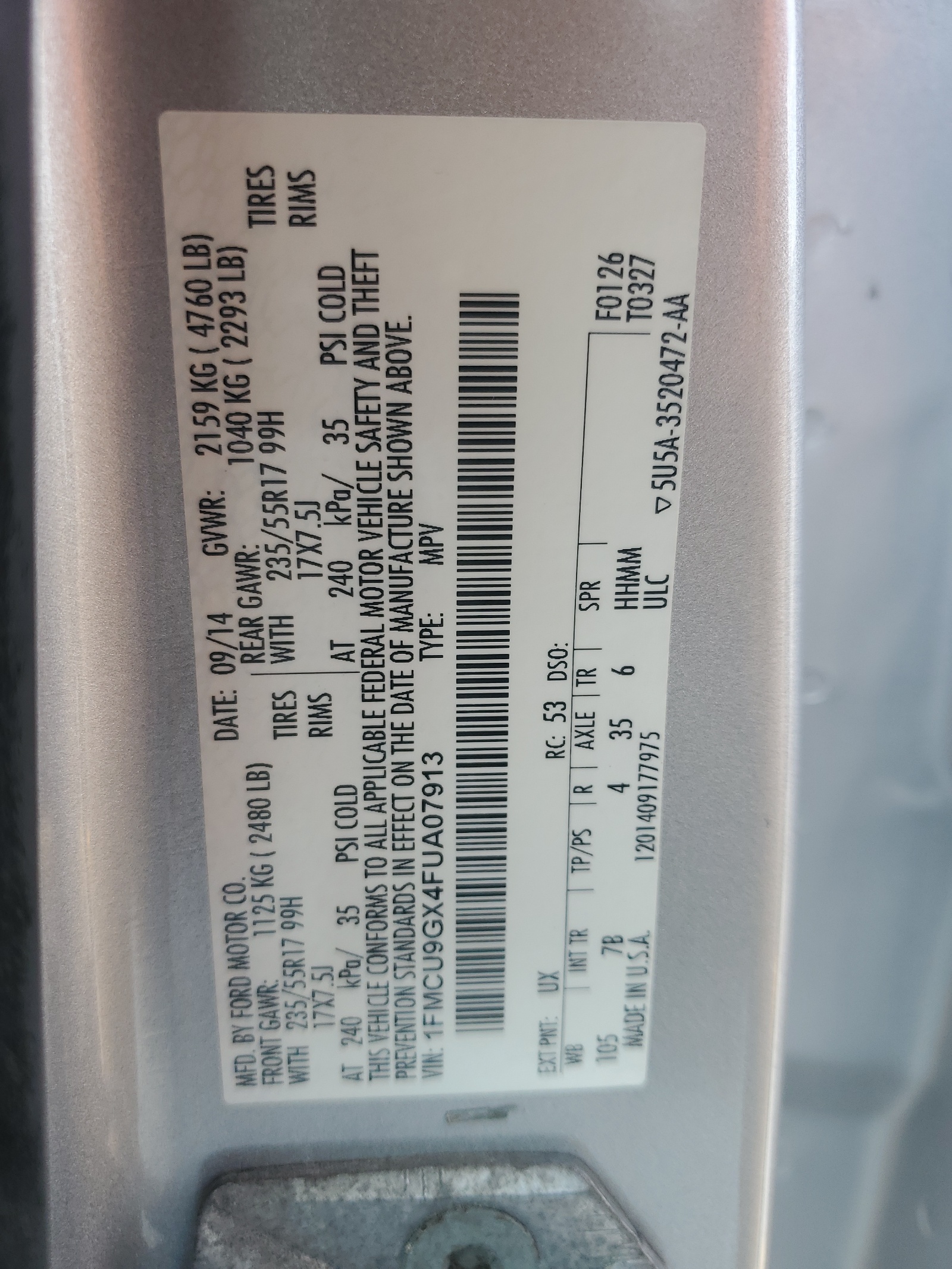 1FMCU9GX4FUA07913 2015 Ford Escape Se