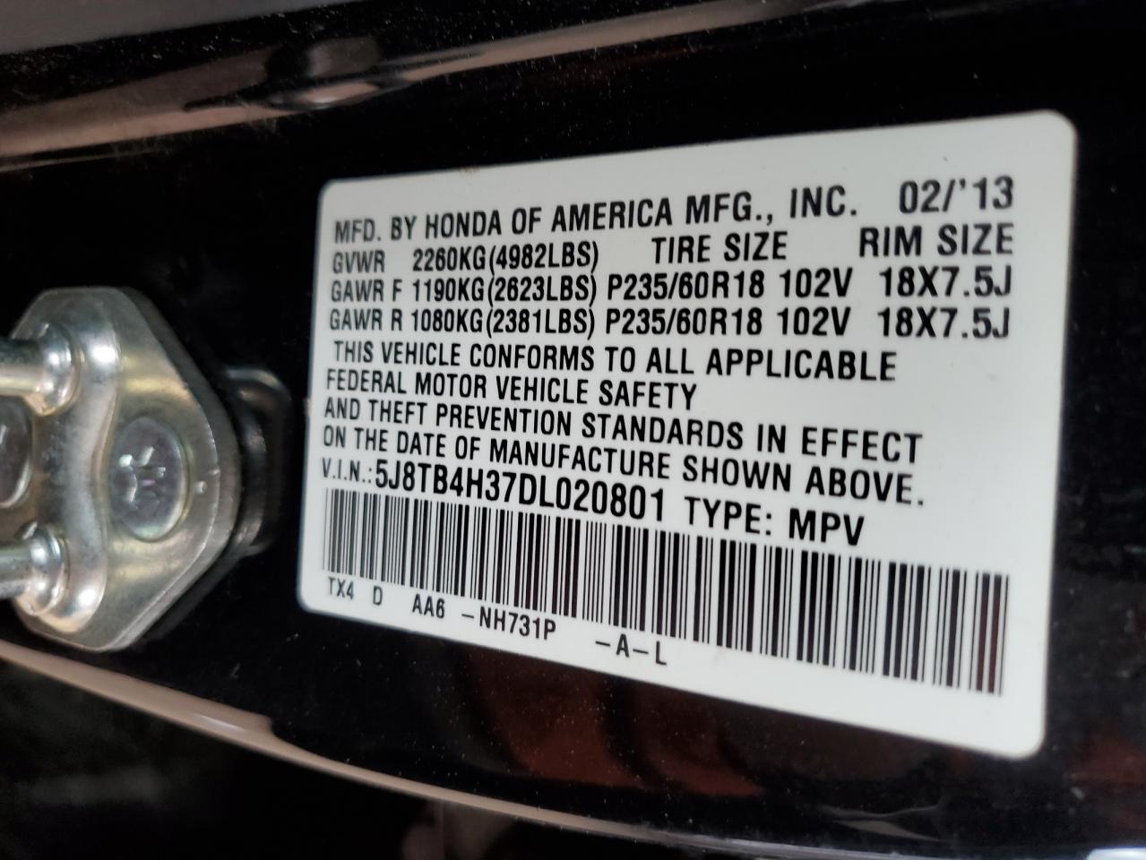 5J8TB4H37DL020801 2013 Acura Rdx