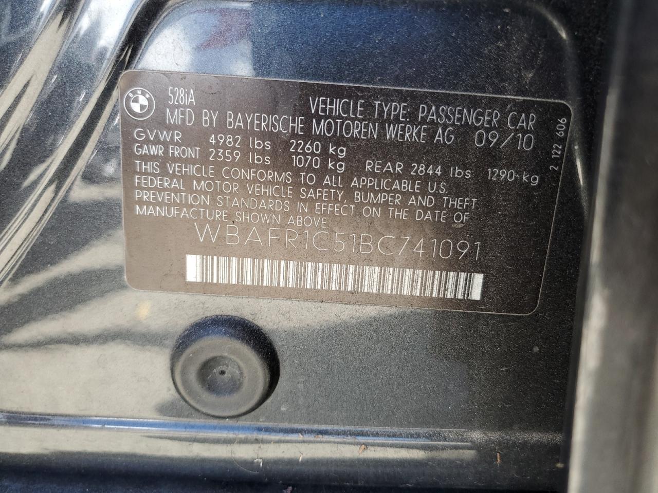 2011 BMW 528 I VIN: WBAFR1C51BC741091 Lot: 64721204