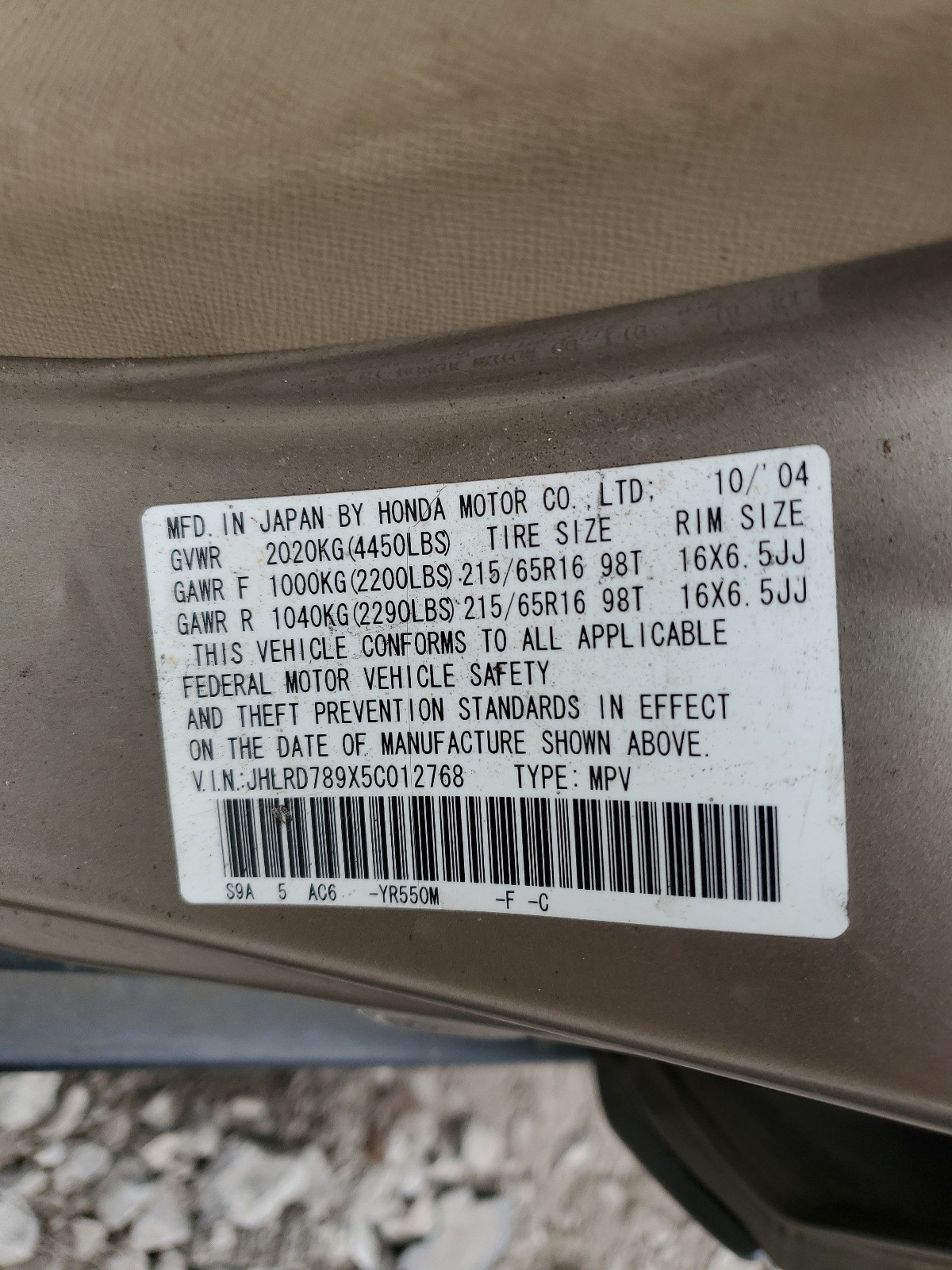 JHLRD789X5C012768 2005 Honda Cr-V Se