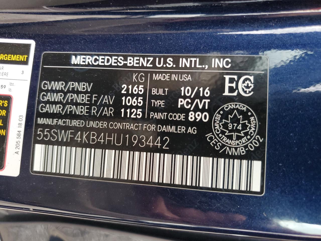 2017 Mercedes-Benz C 300 4Matic VIN: 55SWF4KB4HU193442 Lot: 59138104