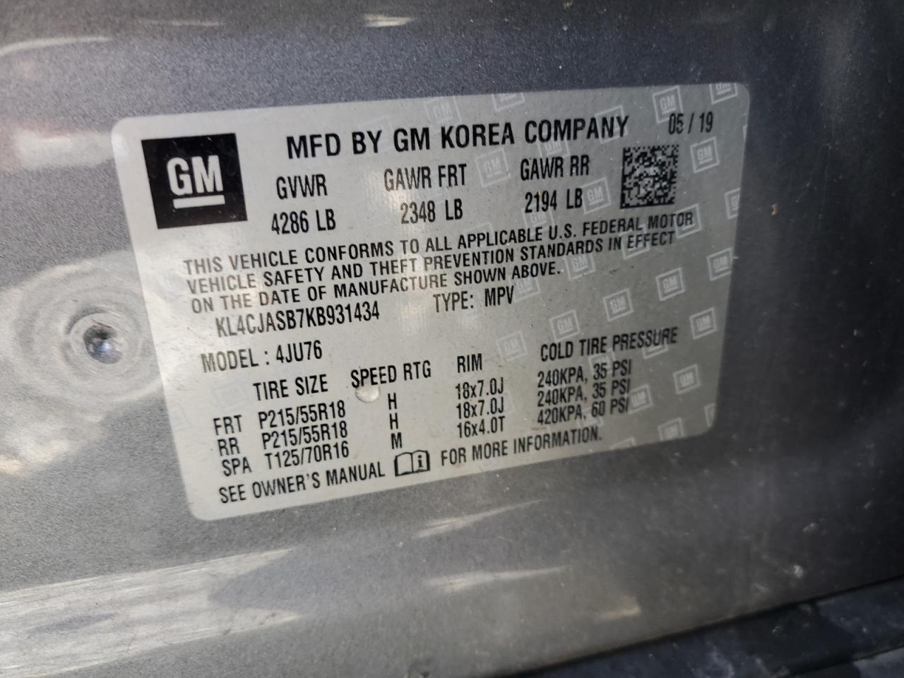 2019 Buick Encore Preferred VIN: KL4CJASB7KB931434 Lot: 63171134