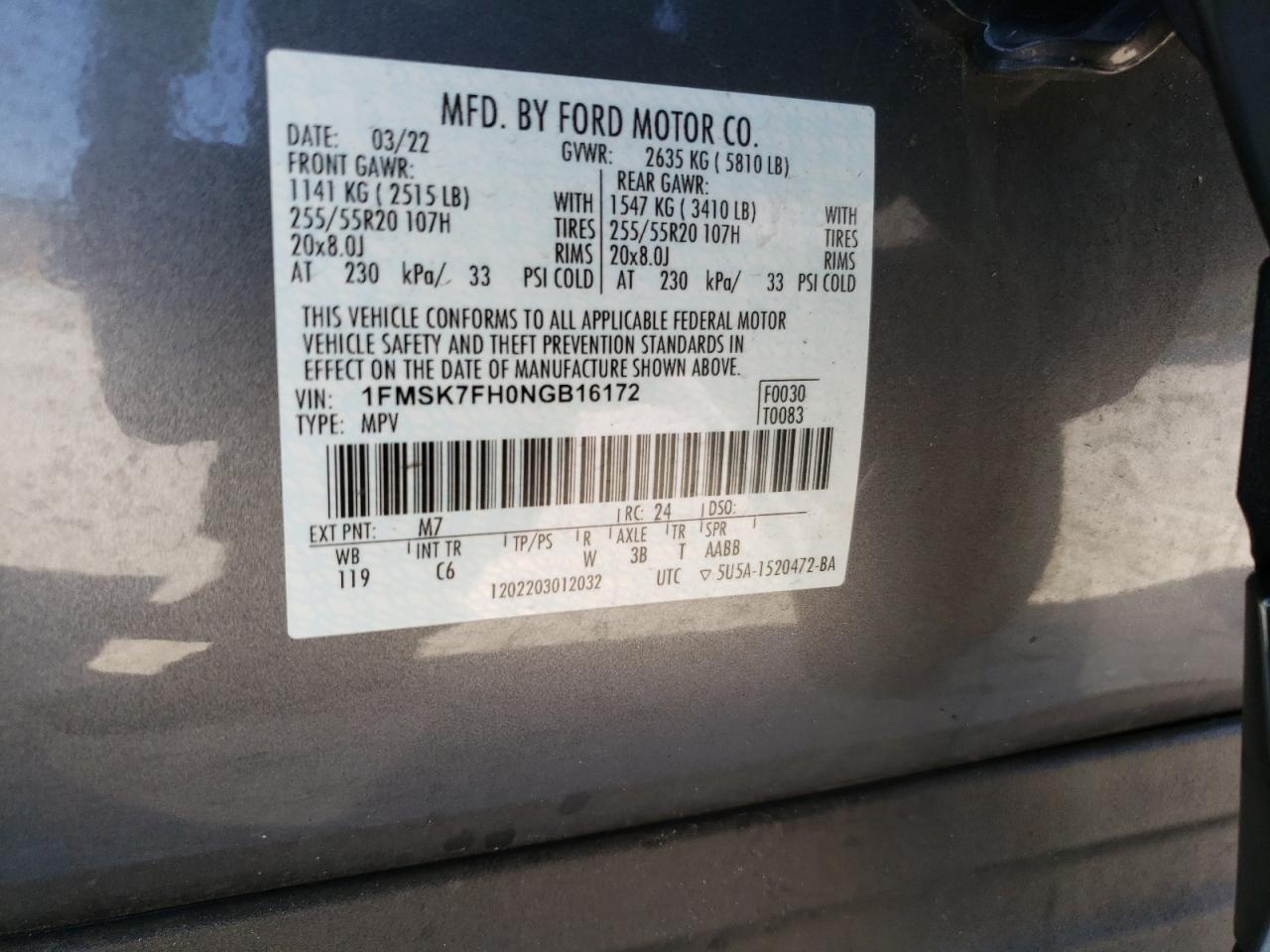 2022 Ford Explorer Limited VIN: 1FMSK7FH0NGB16172 Lot: 68642164