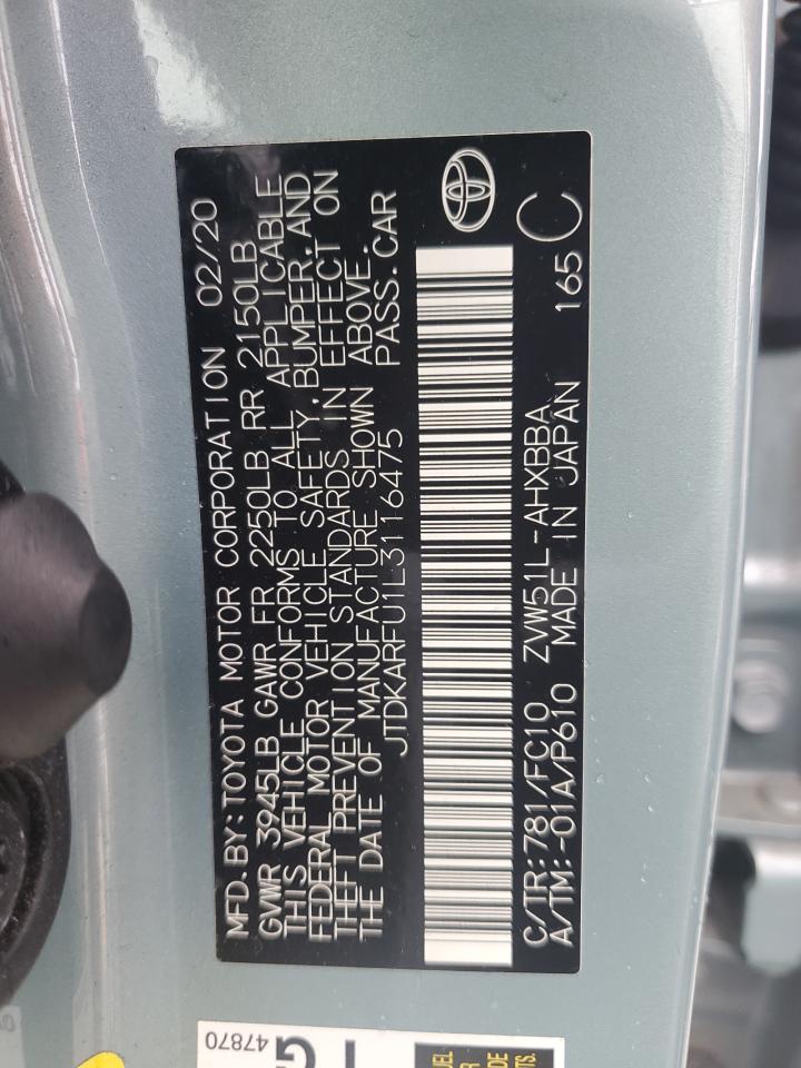 2020 Toyota Prius L VIN: JTDKARFU1L3116475 Lot: 64592184