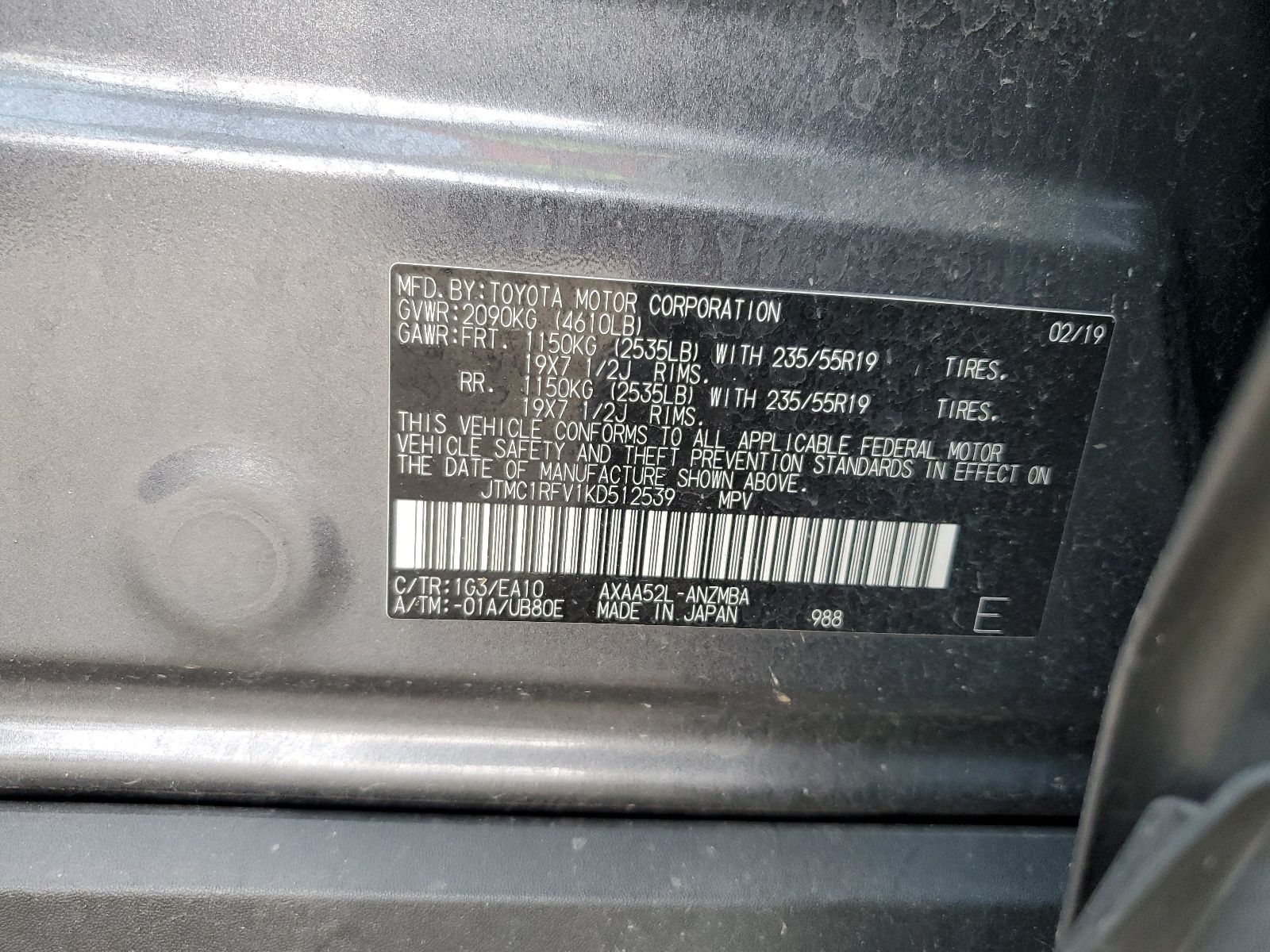 JTMC1RFV1KD512539 2019 Toyota Rav4 Xle Premium