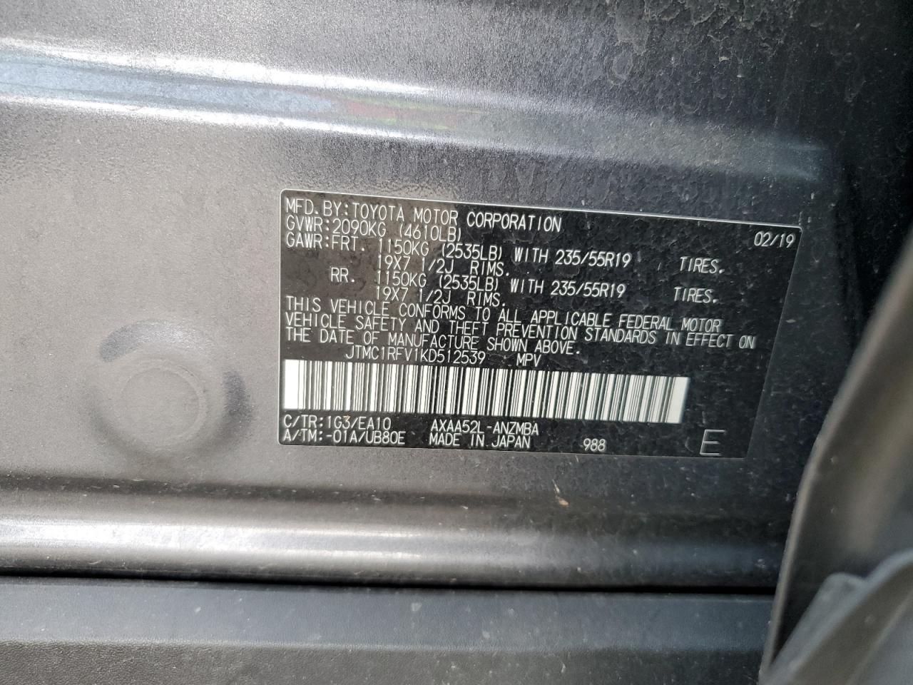 2019 Toyota Rav4 Xle Premium VIN: JTMC1RFV1KD512539 Lot: 63690044