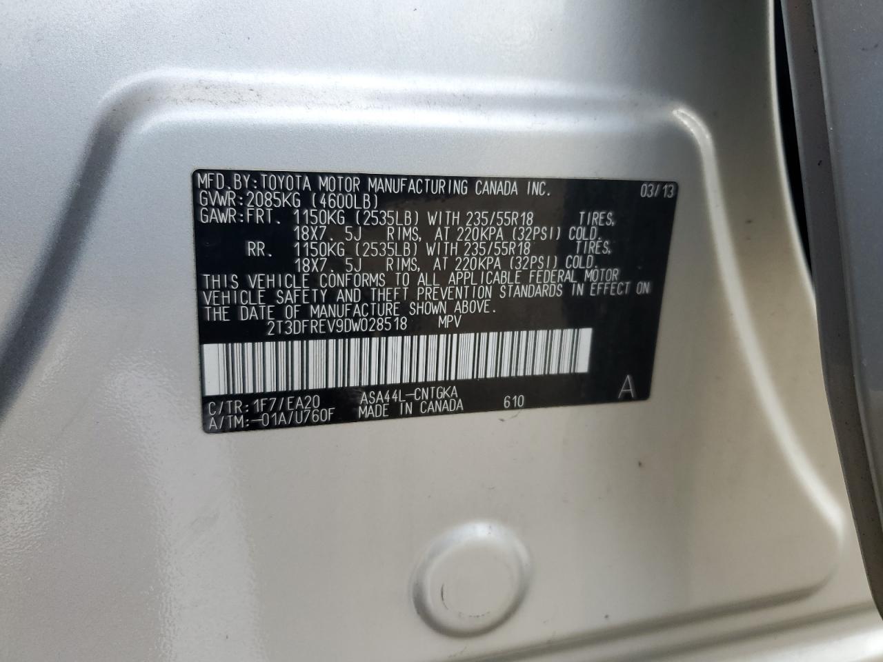 2013 Toyota Rav4 Limited VIN: 2T3DFREV9DW028518 Lot: 63796584