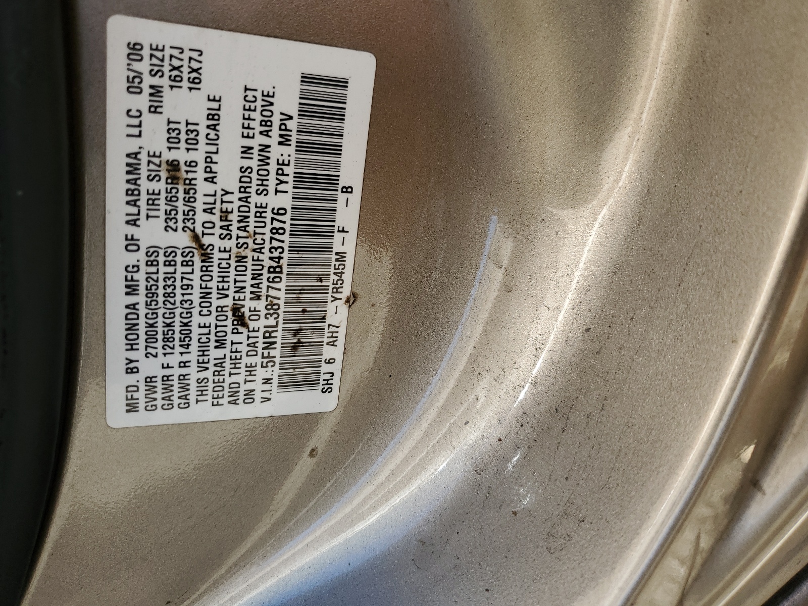 5FNRL38776B437876 2006 Honda Odyssey Exl