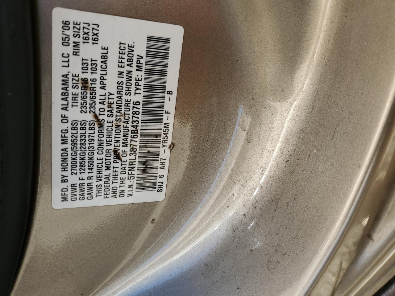 2006 Honda Odyssey Exl VIN: 5FNRL38776B437876 Lot: 63272084