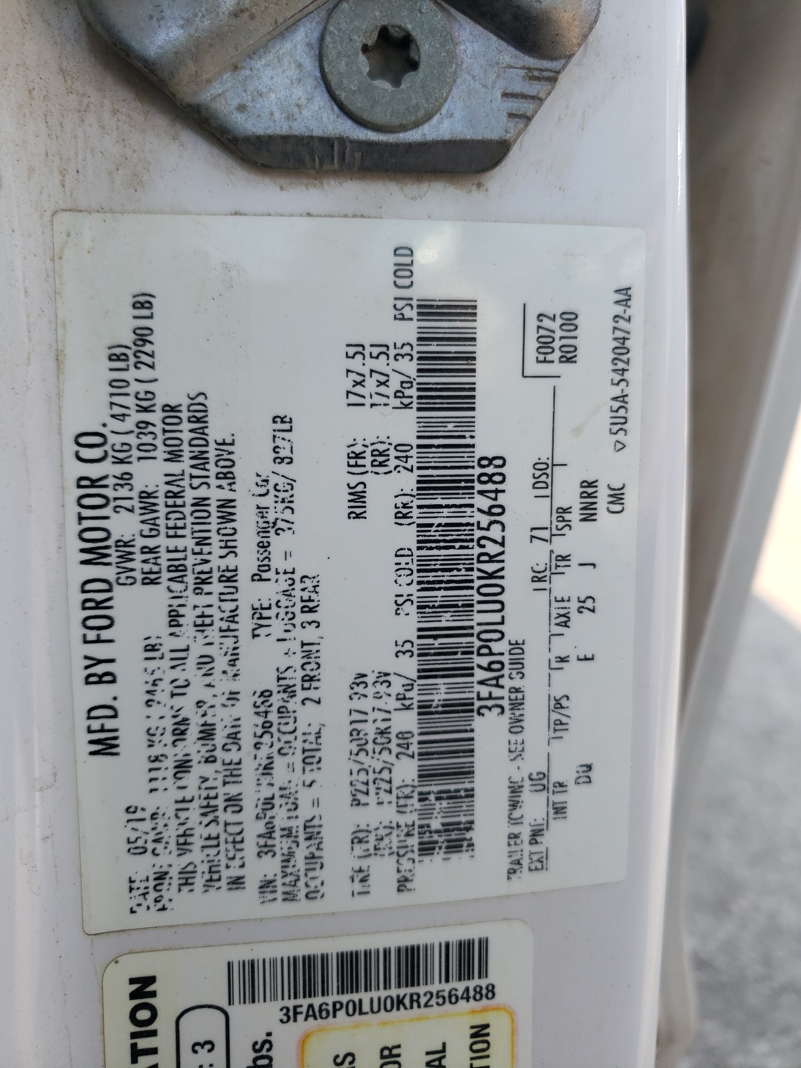 3FA6P0LU0KR256488 2019 Ford Fusion Se