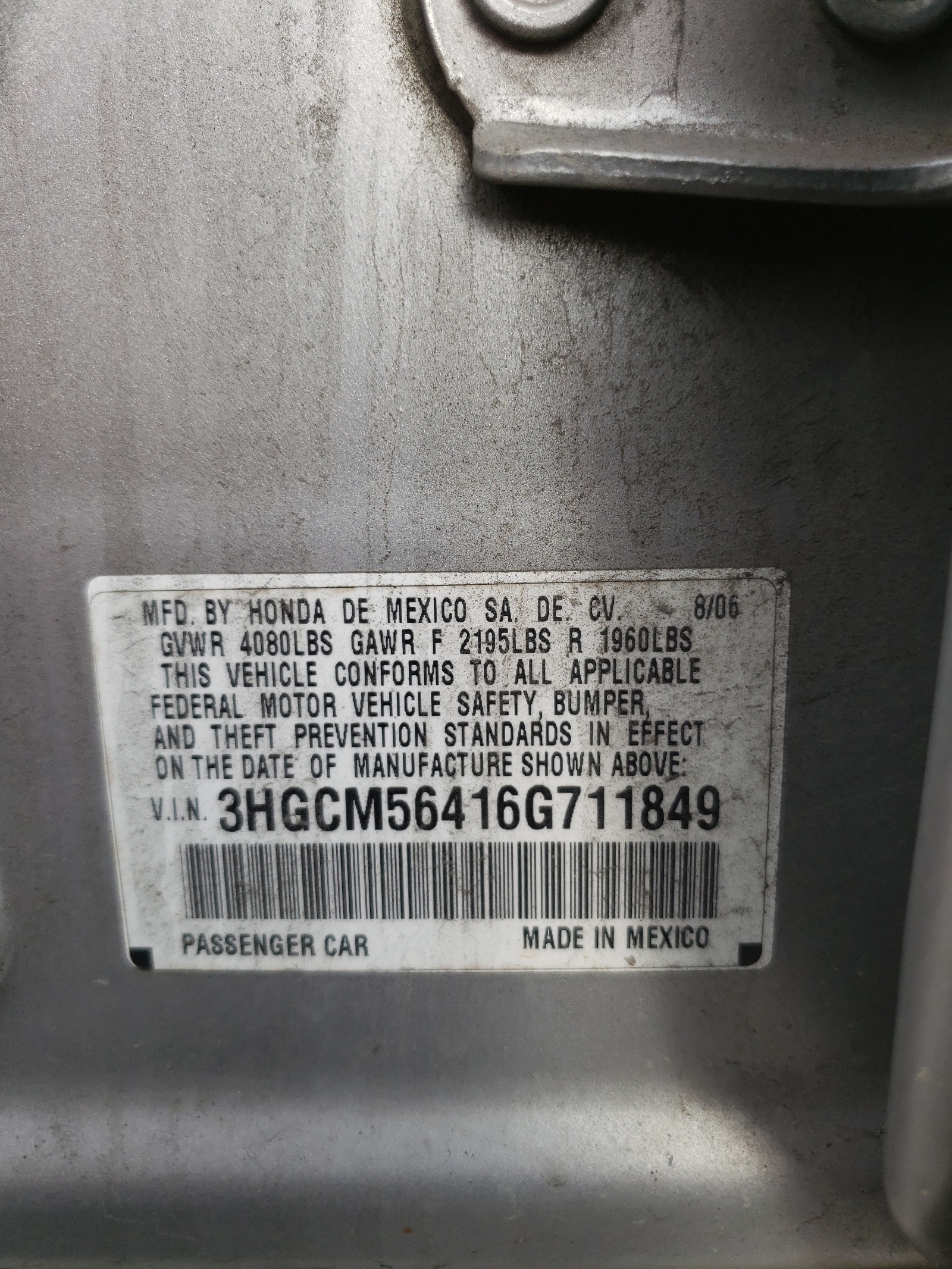 3HGCM56416G711849 2006 Honda Accord Lx