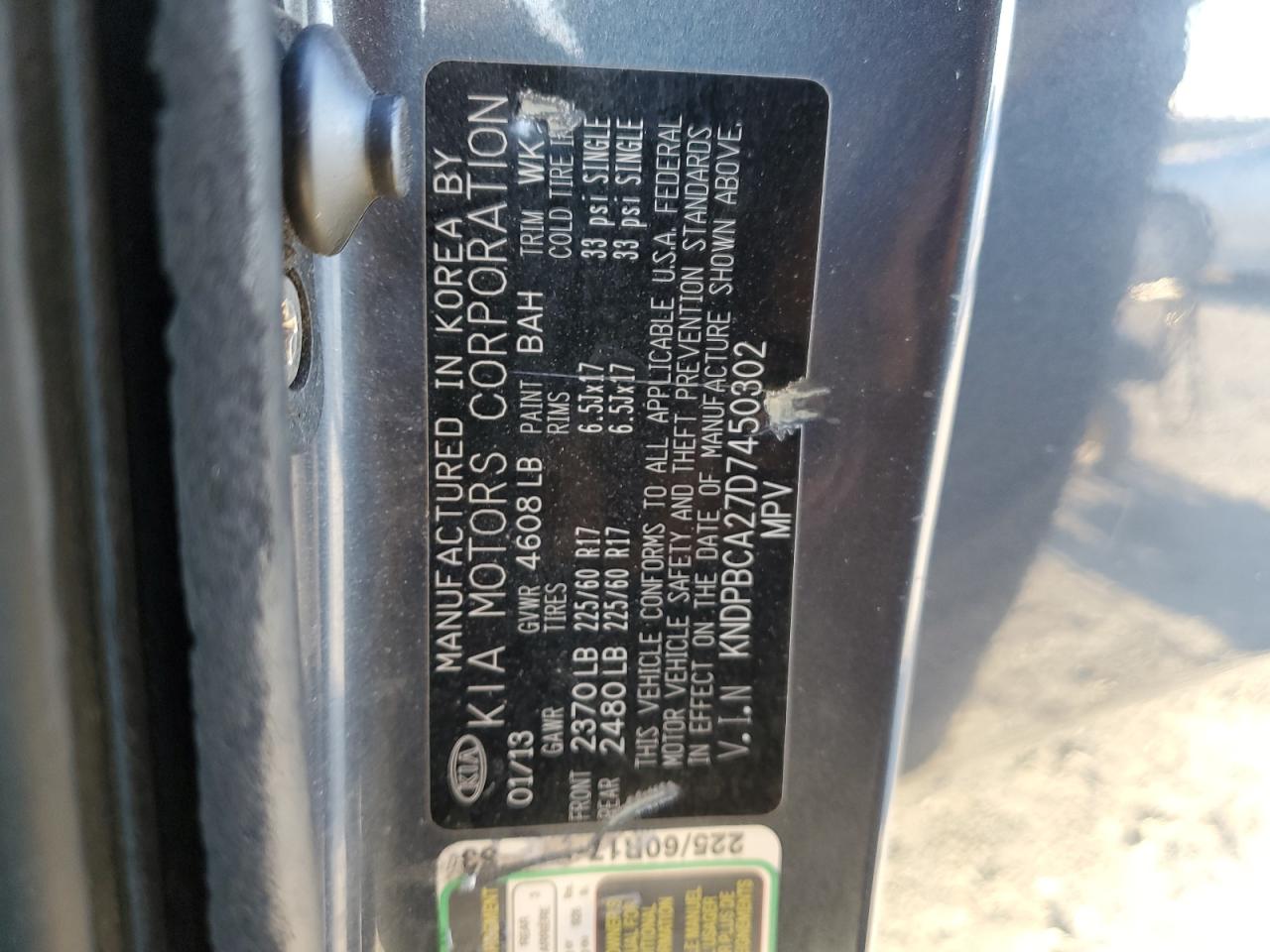 2013 Kia Sportage Lx VIN: KNDPBCA27D7450302 Lot: 64269664