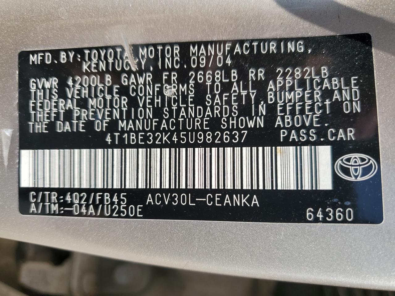 2005 Toyota Camry Le VIN: 4T1BE32K45U982637 Lot: 64672524