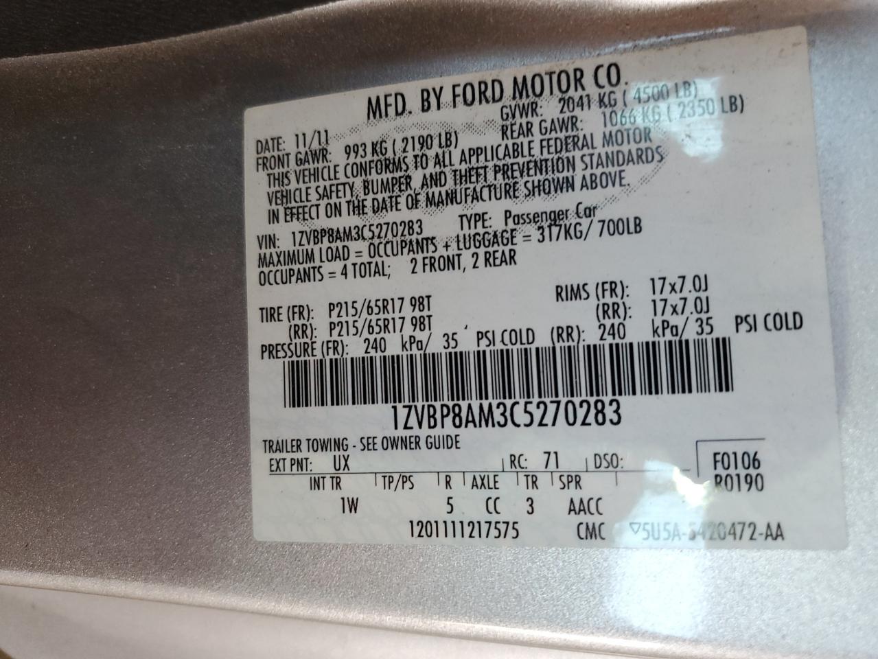 2012 Ford Mustang VIN: 1ZVBP8AM3C5270283 Lot: 63144504