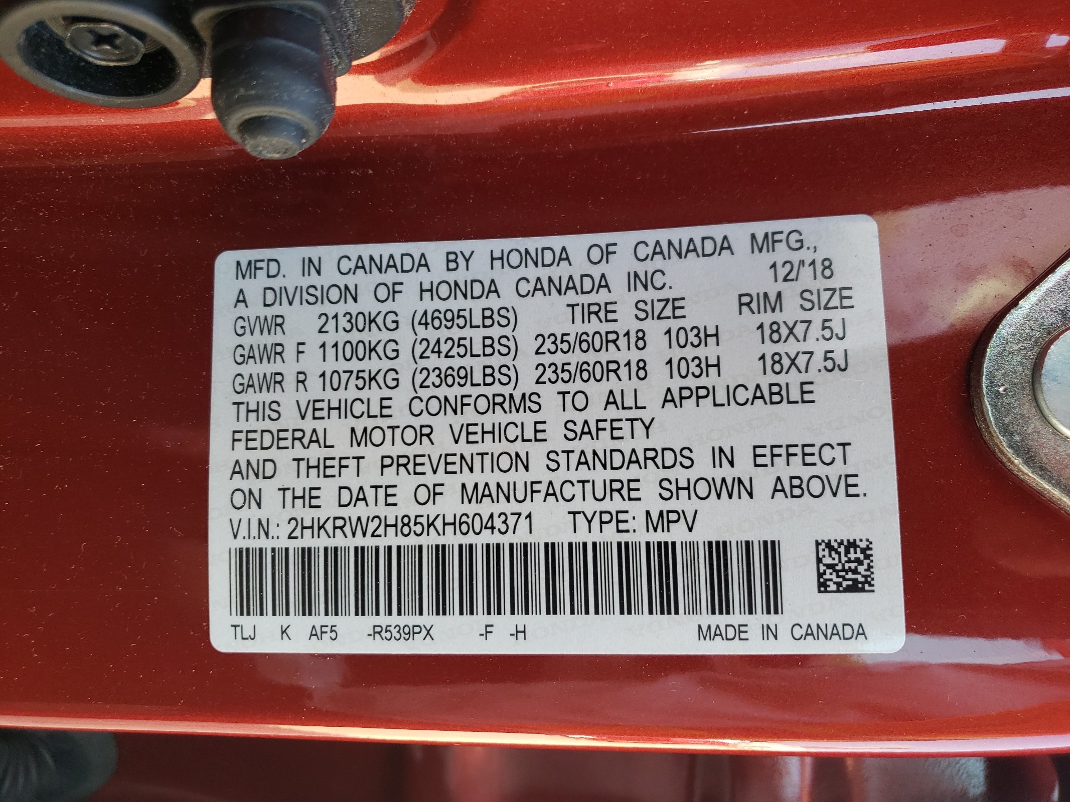 2HKRW2H85KH604371 2019 Honda Cr-V Exl