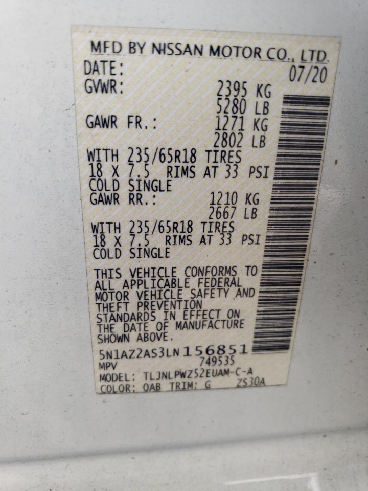 2020 Nissan Murano S VIN: 5N1AZ2AS3LN156851 Lot: 63447074