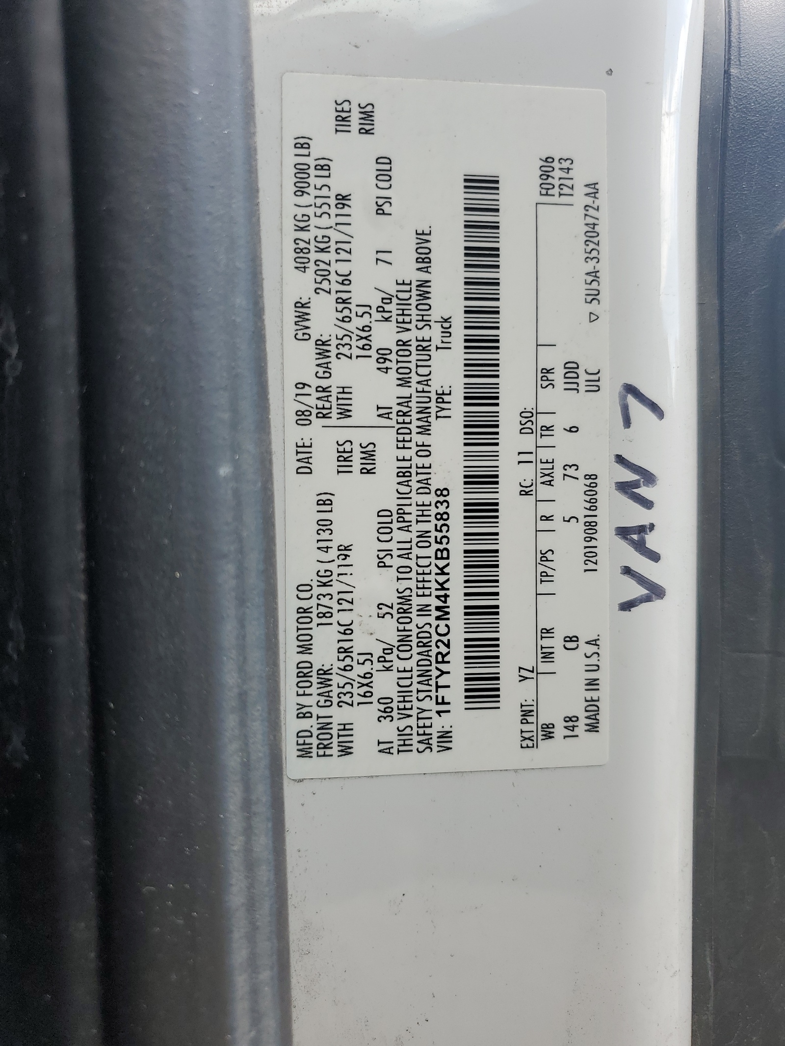 1FTYR2CM4KKB55838 2019 Ford Transit T-250