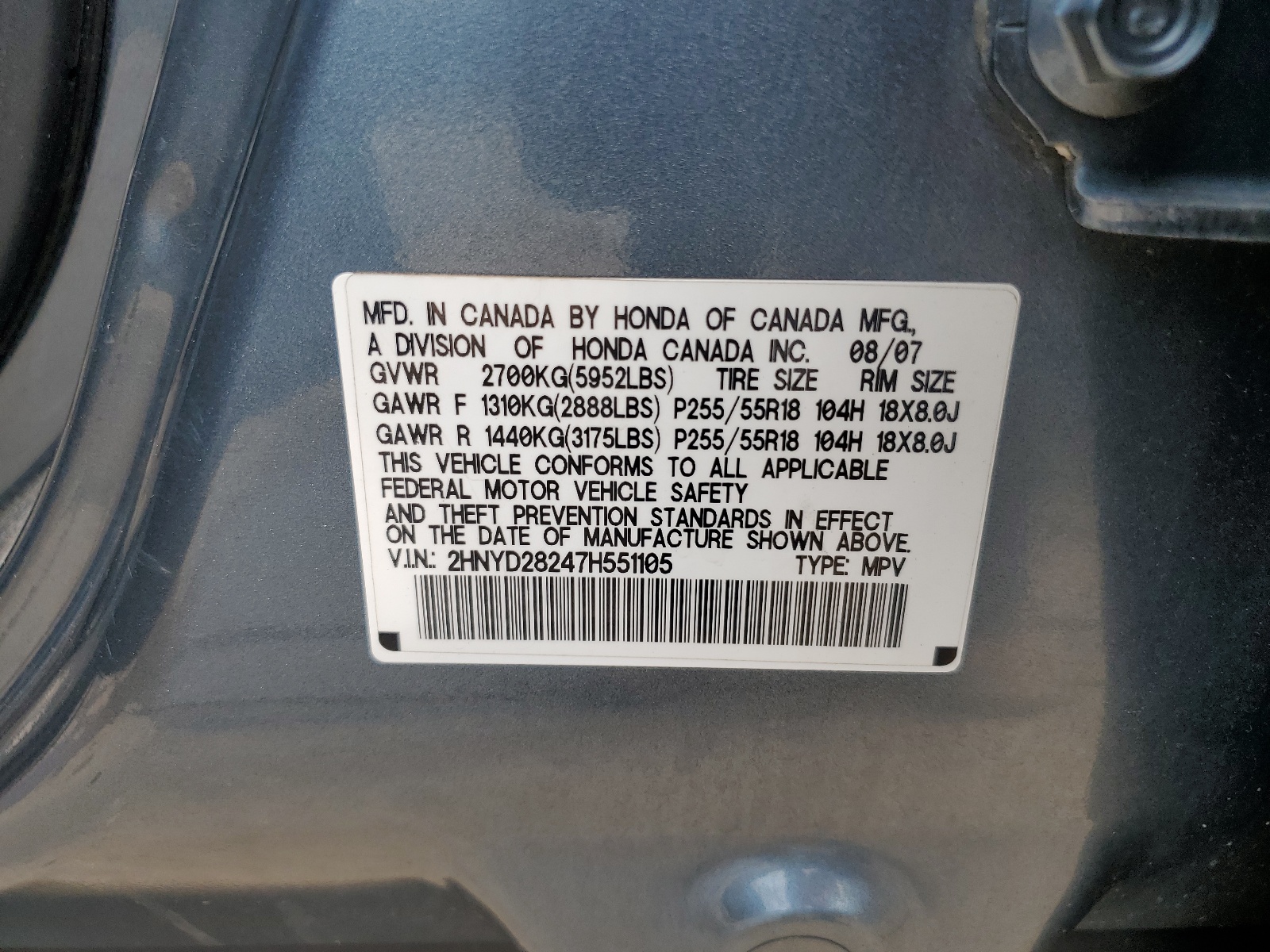 2HNYD28247H551105 2007 Acura Mdx