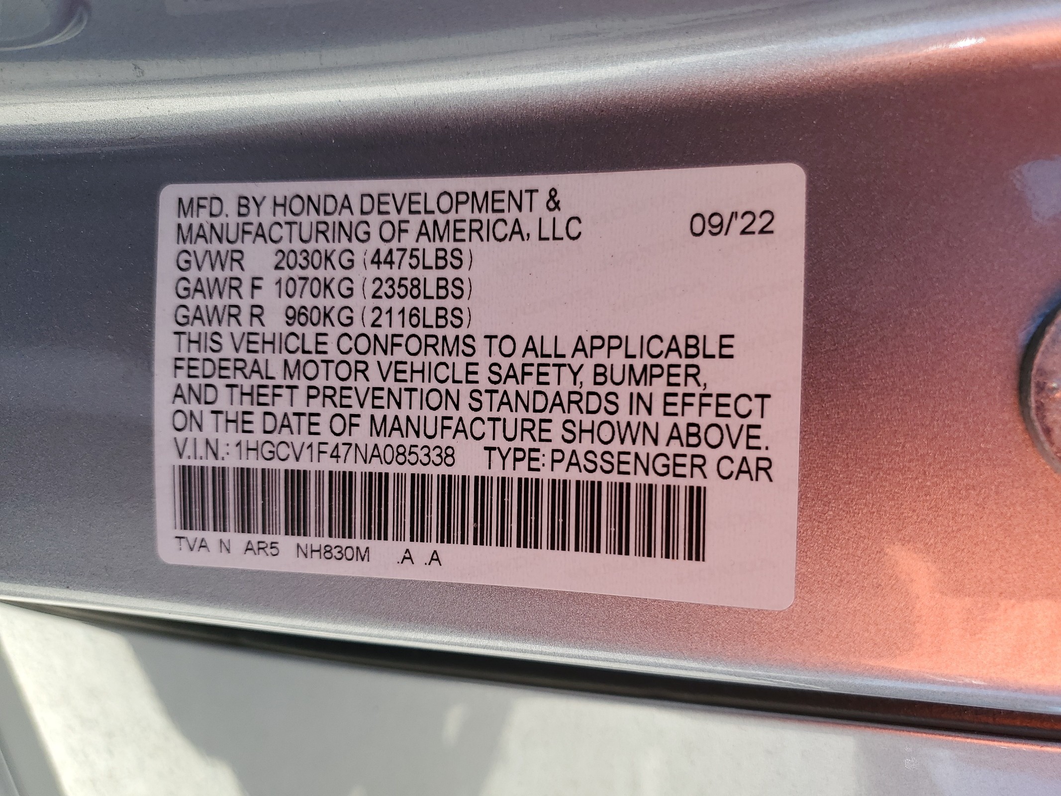 1HGCV1F47NA085338 2022 Honda Accord Sport Se