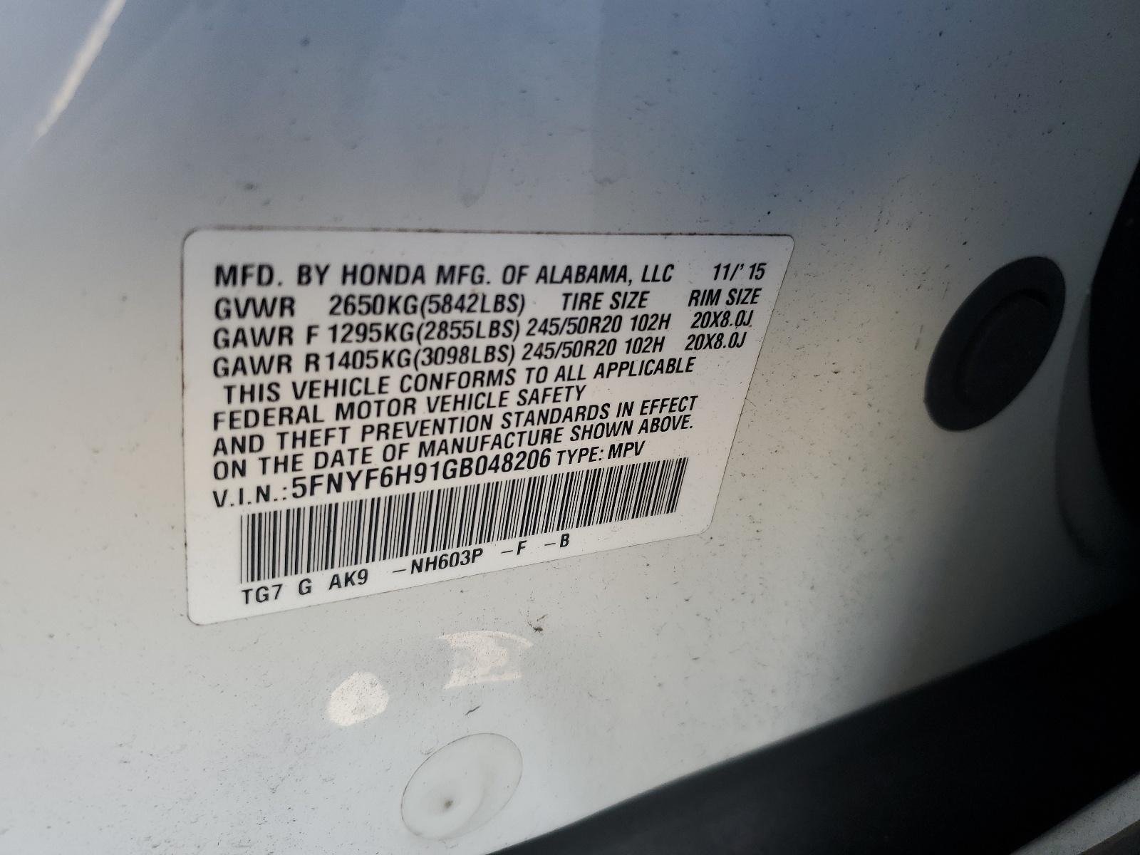 5FNYF6H91GB048206 2016 Honda Pilot Touring