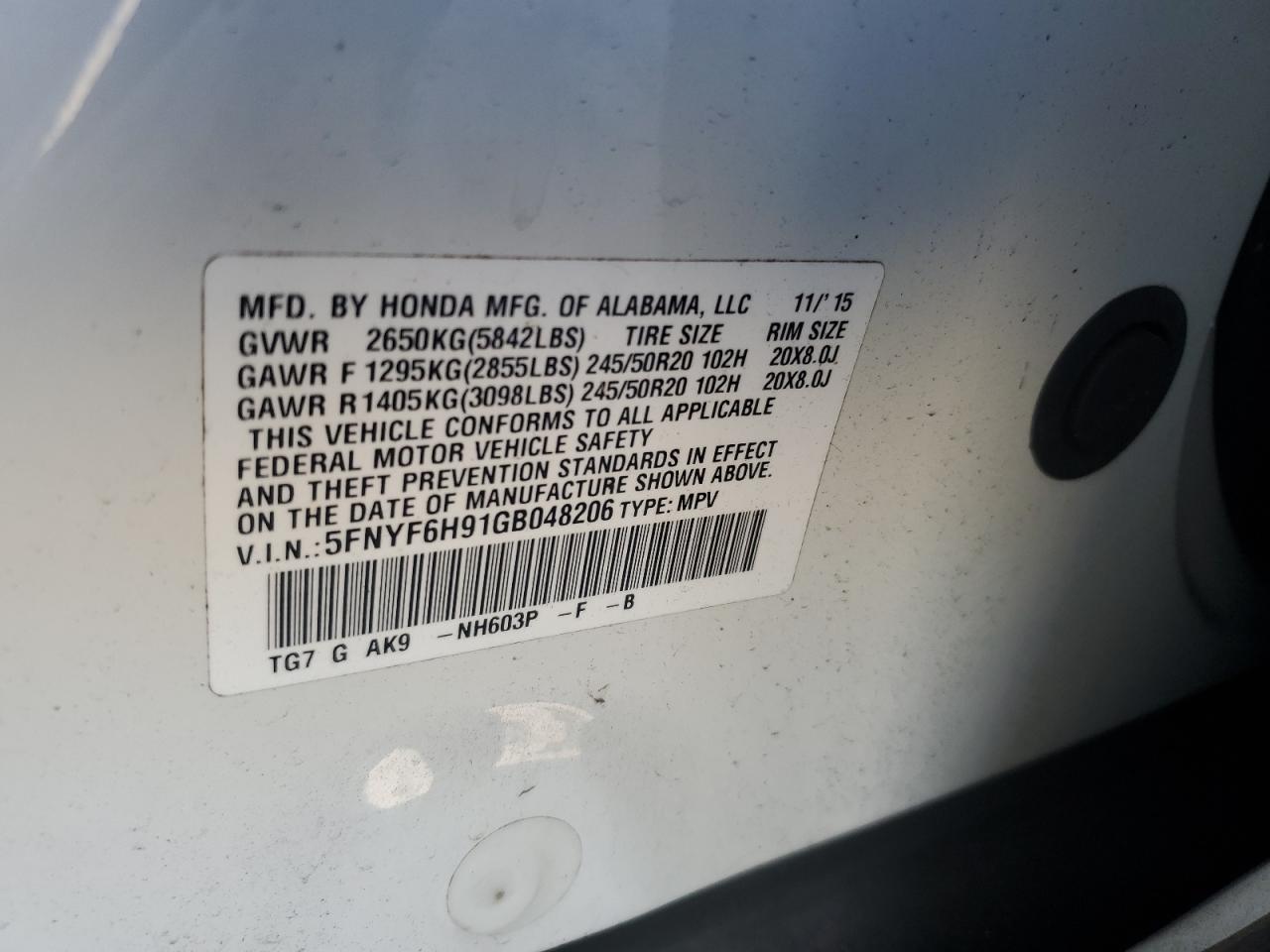 2016 Honda Pilot Touring VIN: 5FNYF6H91GB048206 Lot: 62680034