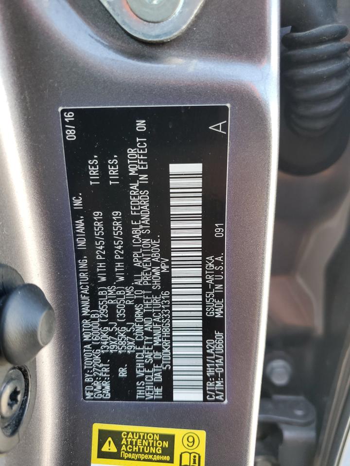 2016 Toyota Highlander Limited VIN: 5TDDKRFH8GS331316 Lot: 62108764