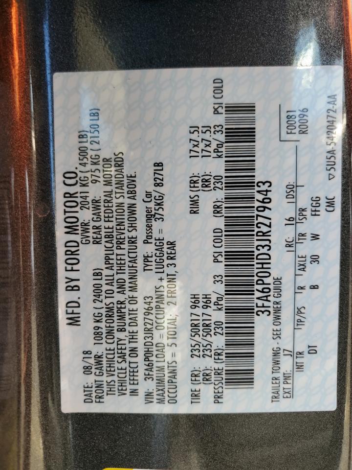 2018 Ford Fusion Se VIN: 3FA6P0HD3JR279643 Lot: 64842434