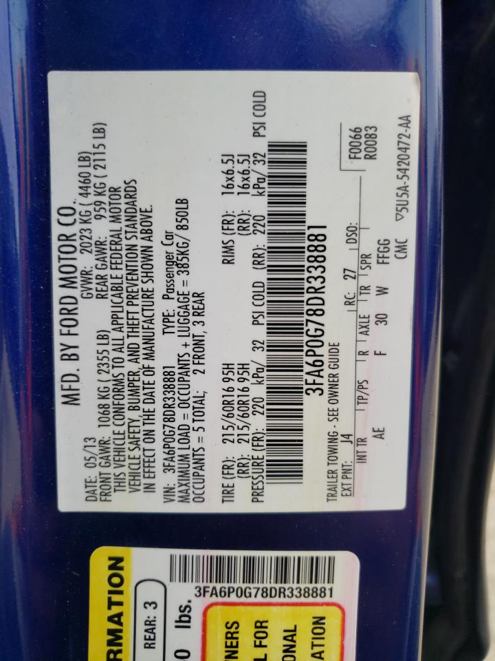 2013 Ford Fusion S VIN: 3FA6P0G78DR338881 Lot: 61896924